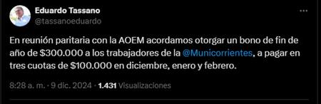 Los trabajadores municipales de Corrientes cobrarán un bono $ 300.000. Foto X