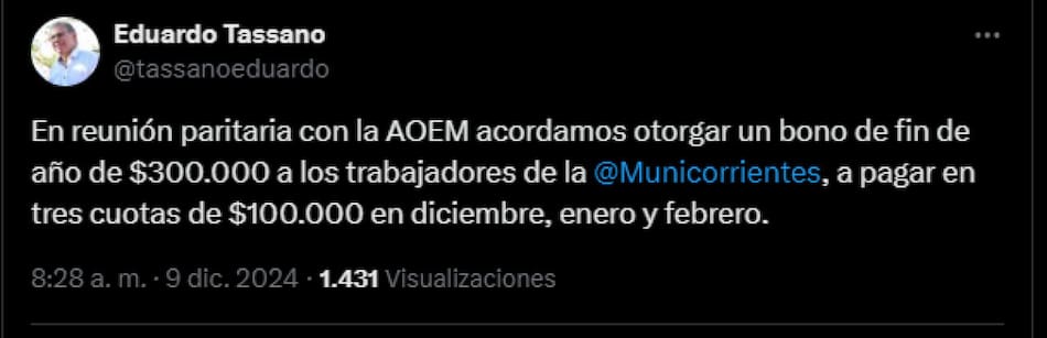 Los trabajadores municipales de Corrientes cobrarán un bono $ 300.000. Foto X