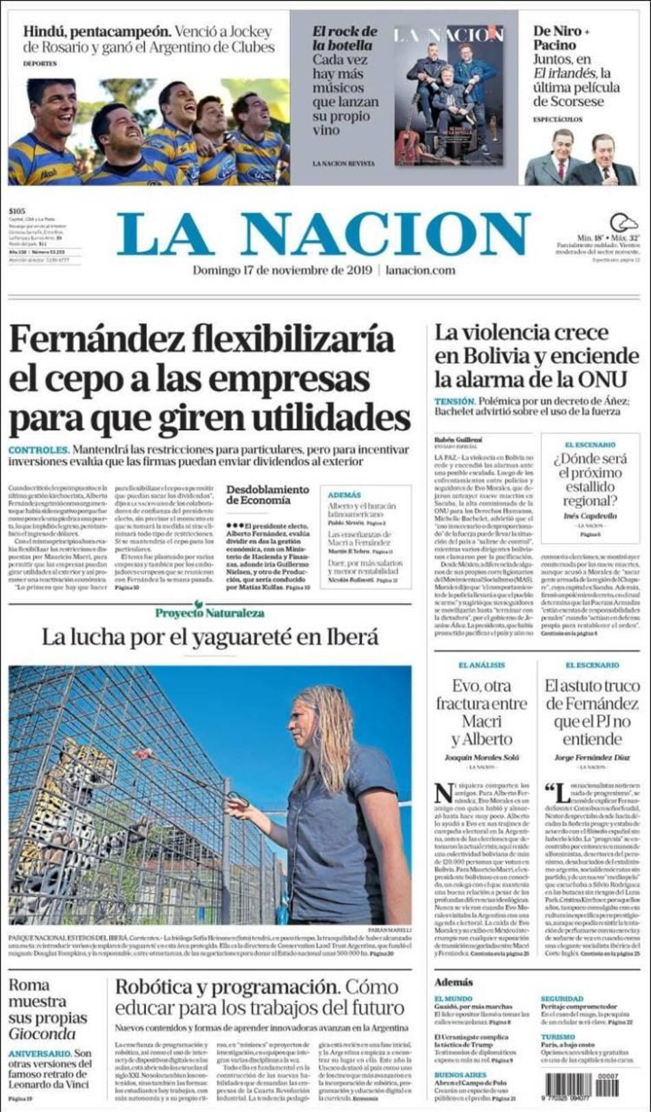 Tapas de diarios, La Nación, domingo 17 de noviembre de 2019