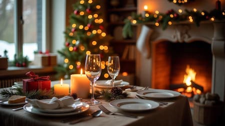 Mesa navideña, brindis.