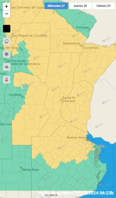 La alerta amarilla por tormentas incluye a la Ciudad de Buenos Aires. Foto: SMN.