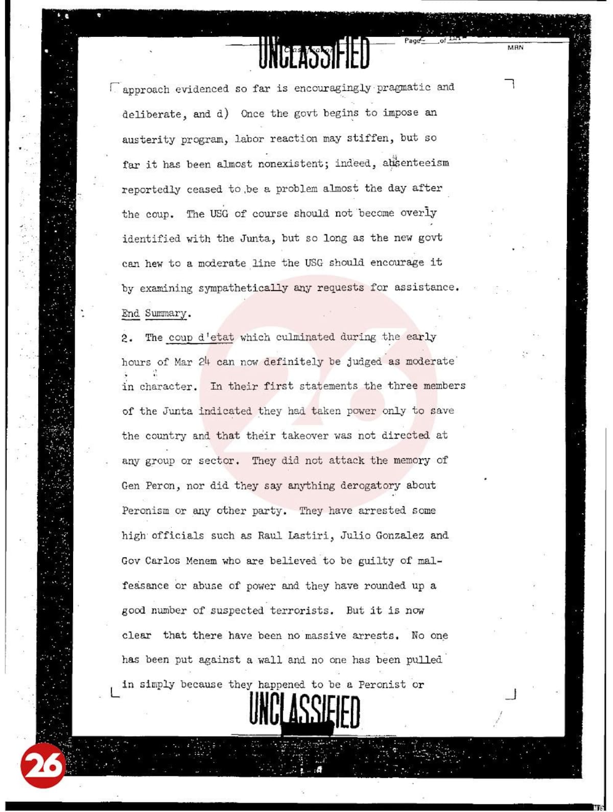 Documento desclasificado, Embajada de EE.UU. en Argentina, golpe militar de 1976