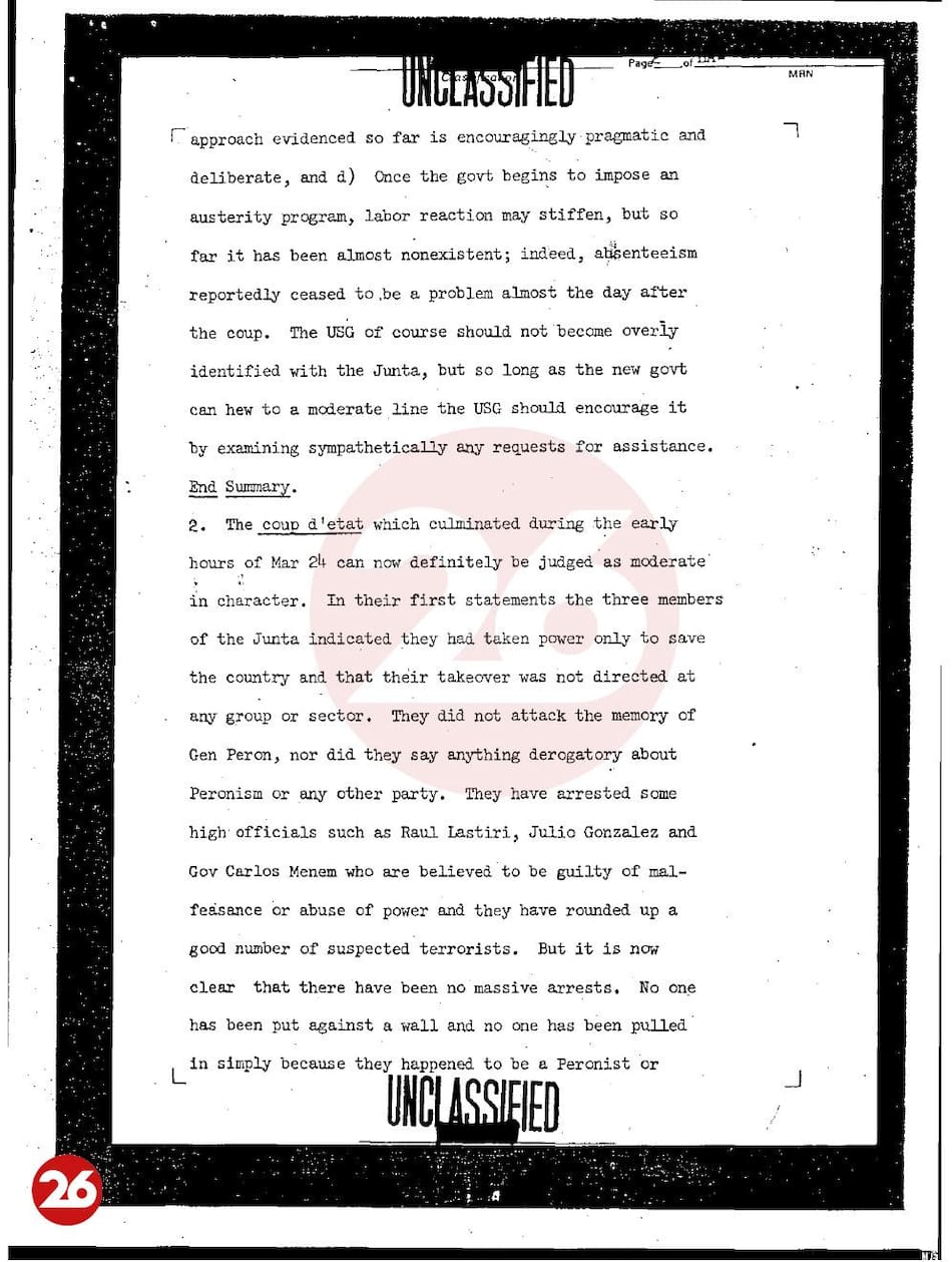 Documento desclasificado, Embajada de EE.UU. en Argentina, golpe militar de 1976
