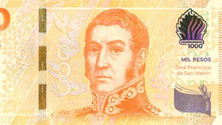 Nuevo billete de mil pesos con la imagen de José de San Martín. Foto: Telam.
