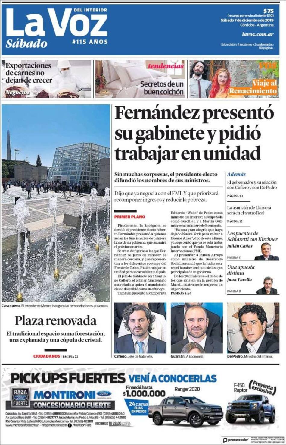 Tapas de diarios, La Voz, sábado 7 de diciembre de 2019