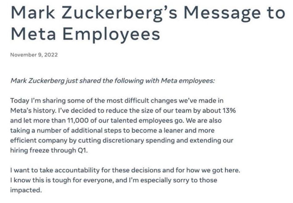 El comunicado de despido de Zuckerberg a sus empleados.