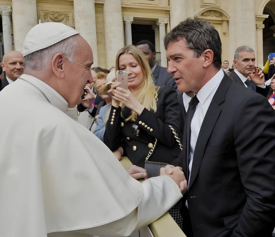 Antonio Banderas junto al papa Francisco. Foto: X/@antoniobanderas.