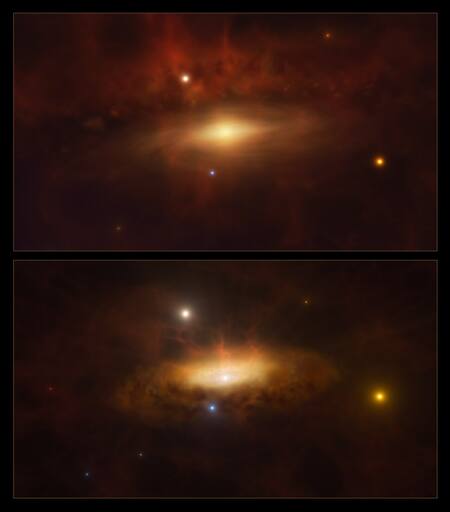 La galaxia SDSS1335+0728 comenzó a brillar cada vez más, y podría deberse al nacimiento de un agujero negro en su núcleo. Foto: ESO/M. Kornmesser