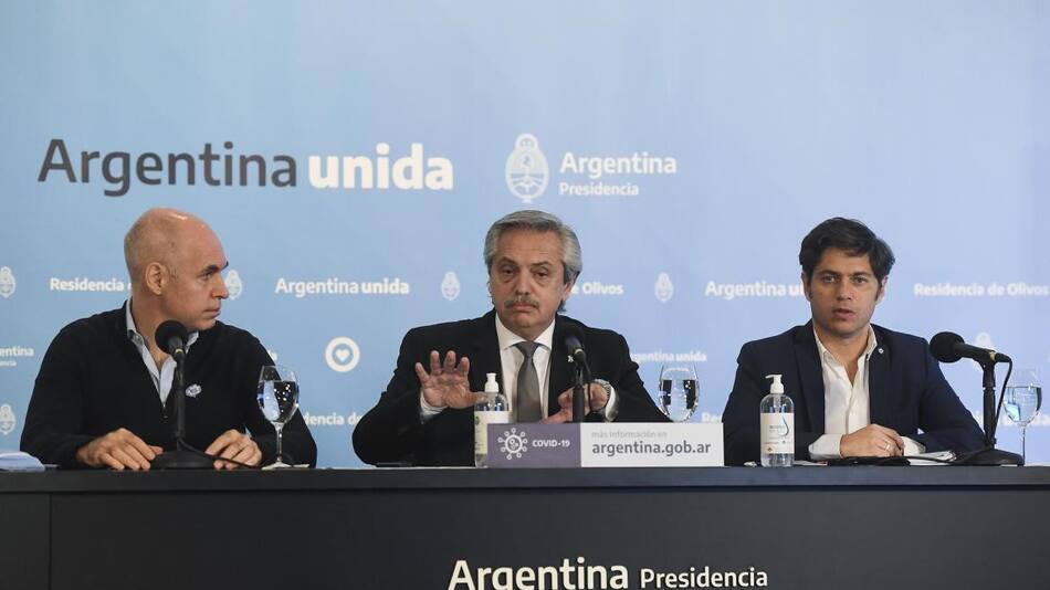 Alberto Fernández, Horacio Larreta y Axel Kicillof, anuncio extensión de cuarentena, NA