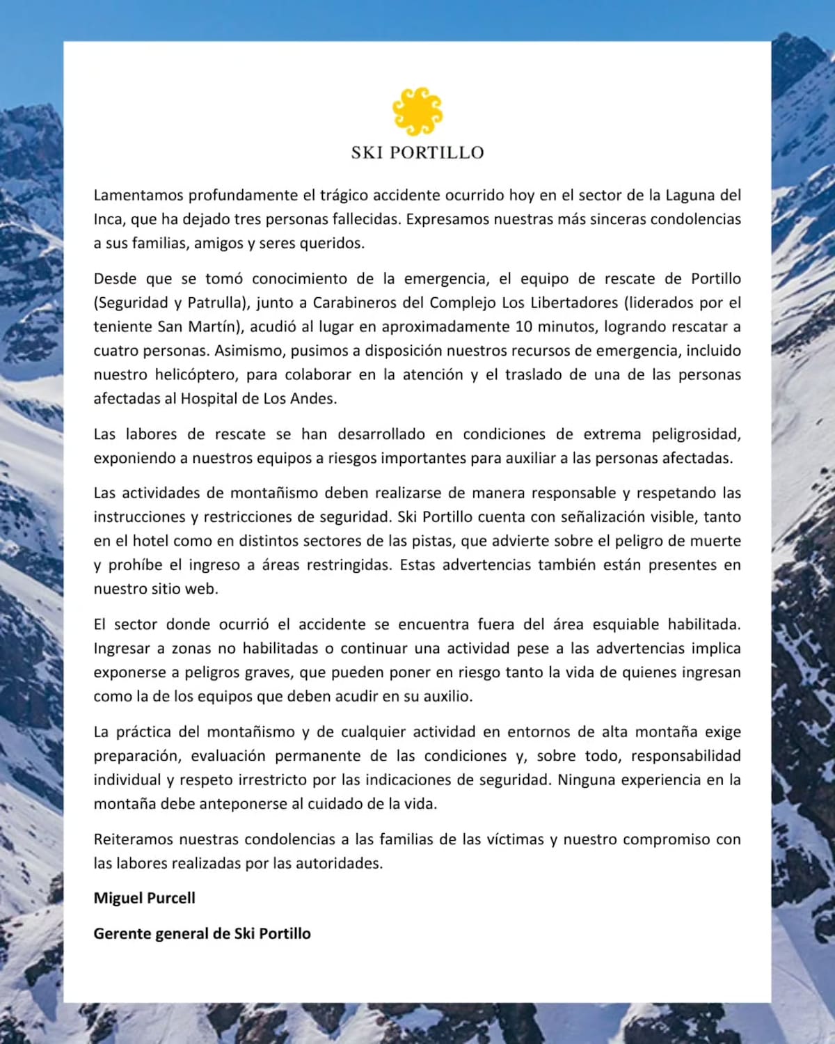 El comunicado de Ski Portillo, el centro de esquí de Chile en el que una avalancha arrastró a ocho montañistas.