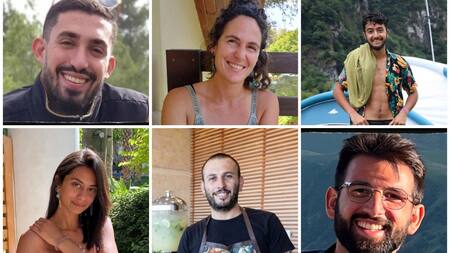 Ori Danino, Carmel Gat, Hersh Goldberg-Polin, Eden Yerushalmi, Alexander Lobanov y Almog Sarusi, que fueron secuestrados por Hamás durante los ataques del 7 de octubre. Foto: Reuters.