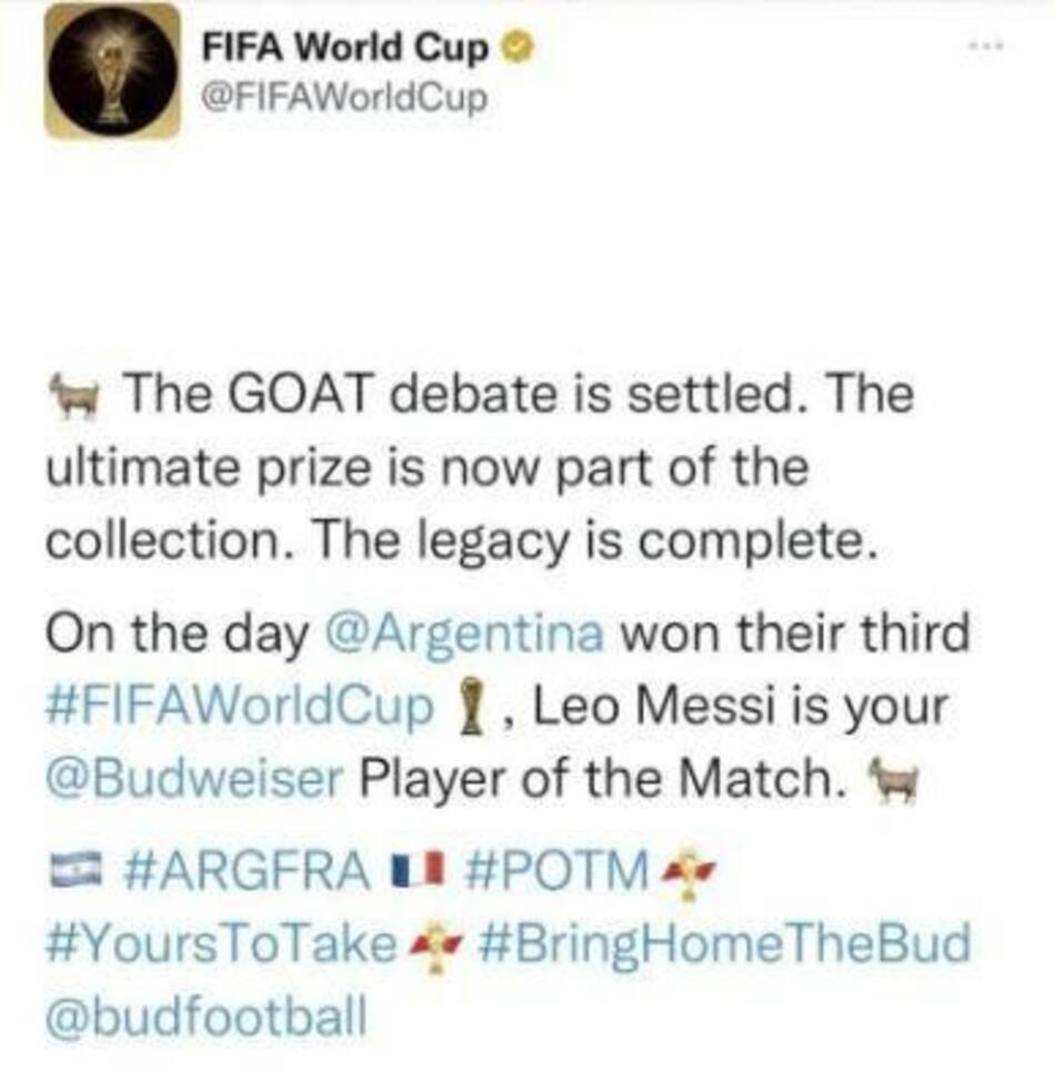 El polémico tweet que borró la FIFA. Foto: captura de pantalla.