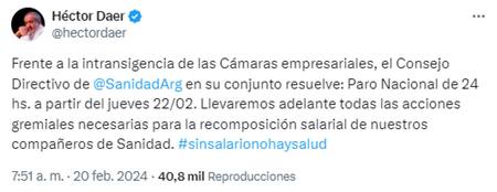 El mensaje de Héctor Daer sobre la medida de fuerza del próximo jueves. Foto: Captura X.