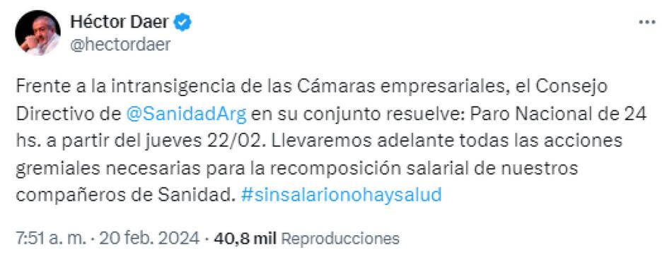 El mensaje de Héctor Daer sobre la medida de fuerza del próximo jueves. Foto: Captura X.