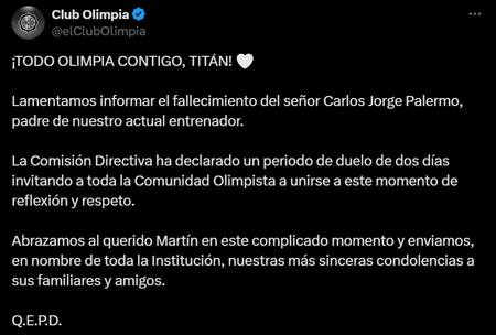 El mensaje de Olimpia en apoyo a Palermo. Foto: captura X