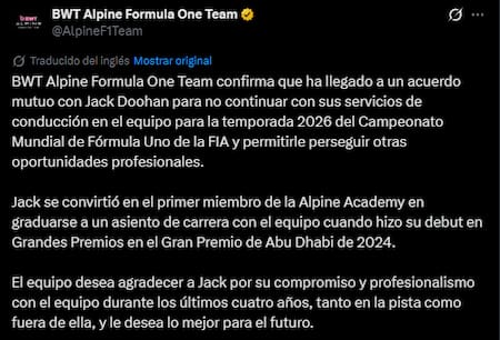 El comunicado de Alpine sobre la salida de Jack Doohan.