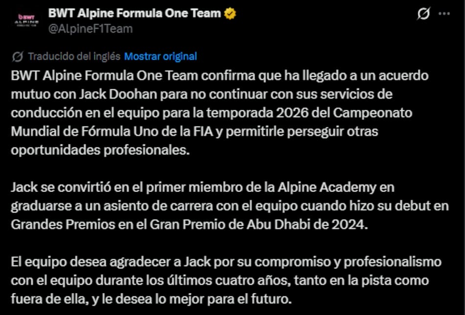 El comunicado de Alpine sobre la salida de Jack Doohan.