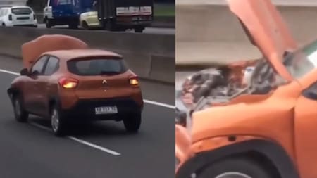 Manejo con el capot levantado por Panamericana. Foto: captura video redes sociales.