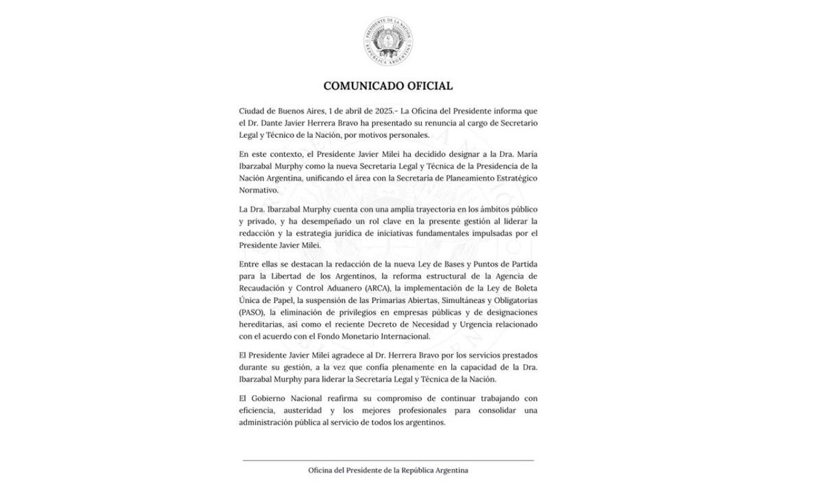 Milei designó a María Ibarzabal Murphy en lugar de Herrera Bravo. NA