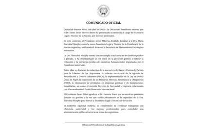 Milei designó a María Ibarzabal Murphy en lugar de Herrera Bravo. NA