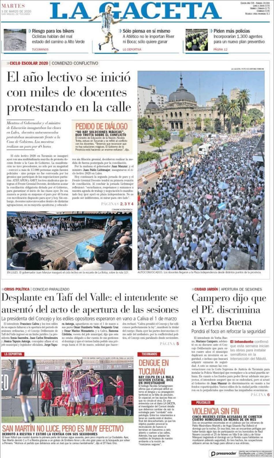 Tapas de diarios, La Gaceta, martes 3 de marzo de 2020