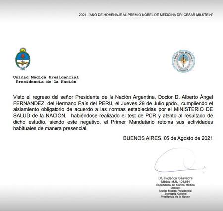 Alberto Fernández, presidente de Argentina, parte médico, NA