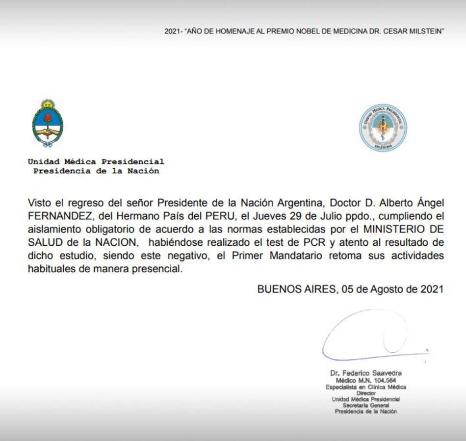 Alberto Fernández, presidente de Argentina, parte médico, NA