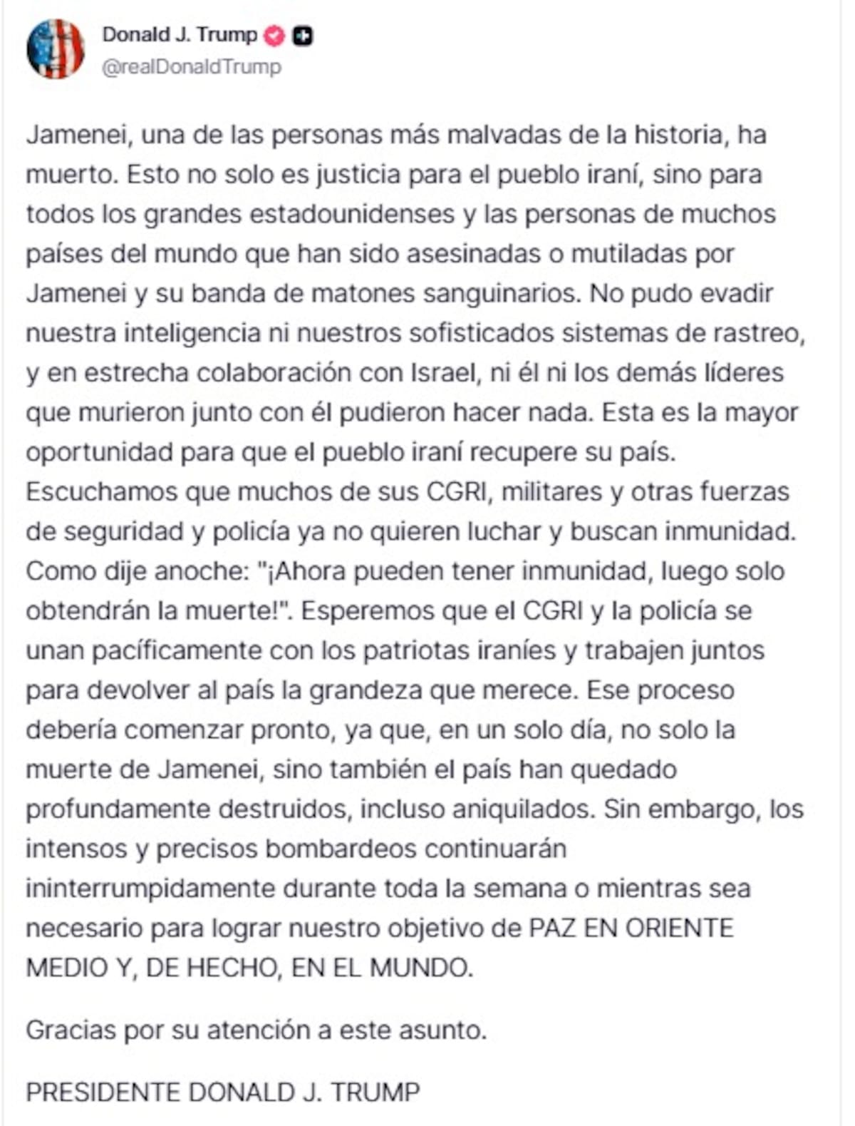 El mensaje de Donald Trump en el que confirmó la muerte de Alí Jamenei.