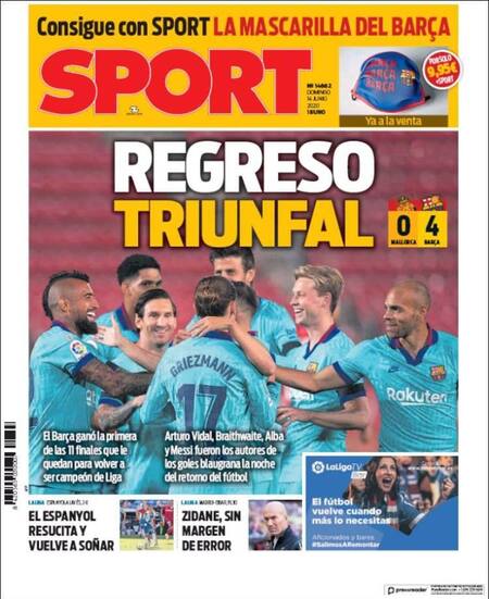 Tapa de diarios, Sport, domingo 14 de junio de 2020