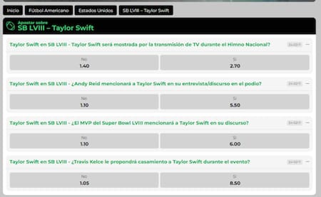 Apuestas sobre la presencia de Taylor Swift en el LVIII Superbowl.