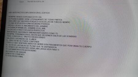 El texto de la amenaza de bomba que se envió por correo electrónico