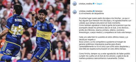 Cristian Medina se despidió de los hinchas de Boca. Foto: Instagram criistian_medina.