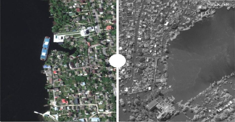 El Río Dniper antes y después de que se destruya la represa. Foto: Maxar.