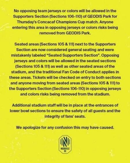 Comunicado del Nashville sobre la visita del Inter Miami de Messi. Foto: NA.