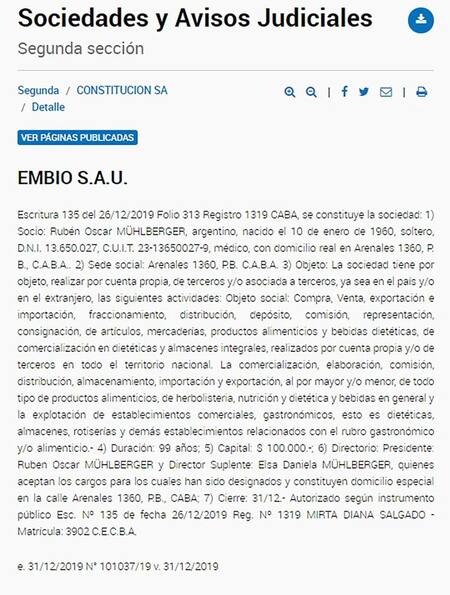 Rubén Mühlberger, médico detenido, esteticista, sociedad constituída en la Justicia