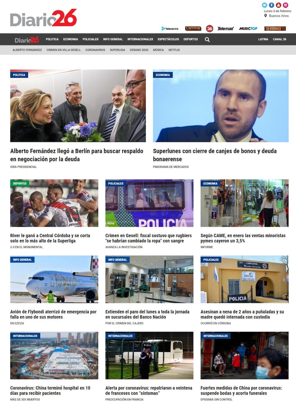 Tapas de diarios, Diario 26, lunes 3 de febrero de 2020