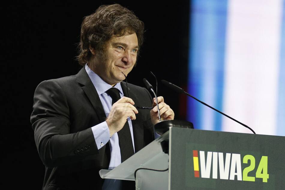 Javier Milei en su discurso en Europa Viva 2024, evento organizado por Vox. Foto: EFE.