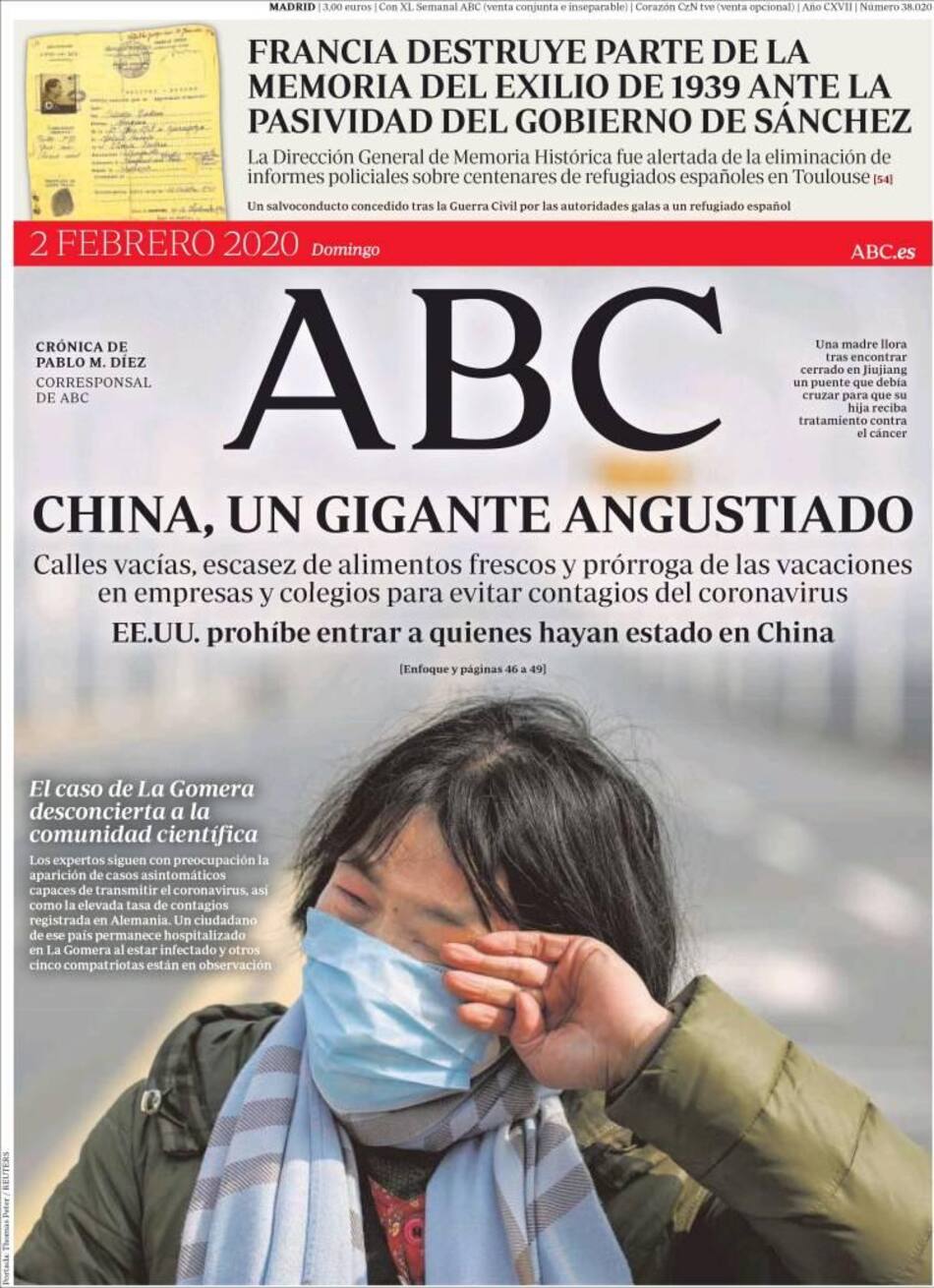 Tapas de diarios, ABC, domingo 2 de febrero de 2020