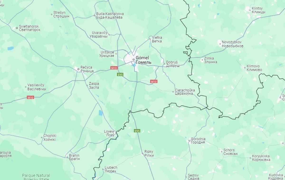 La región de Gomel, punto crítico entre Bielorrusia y Ucrania. Foto: Google Maps.