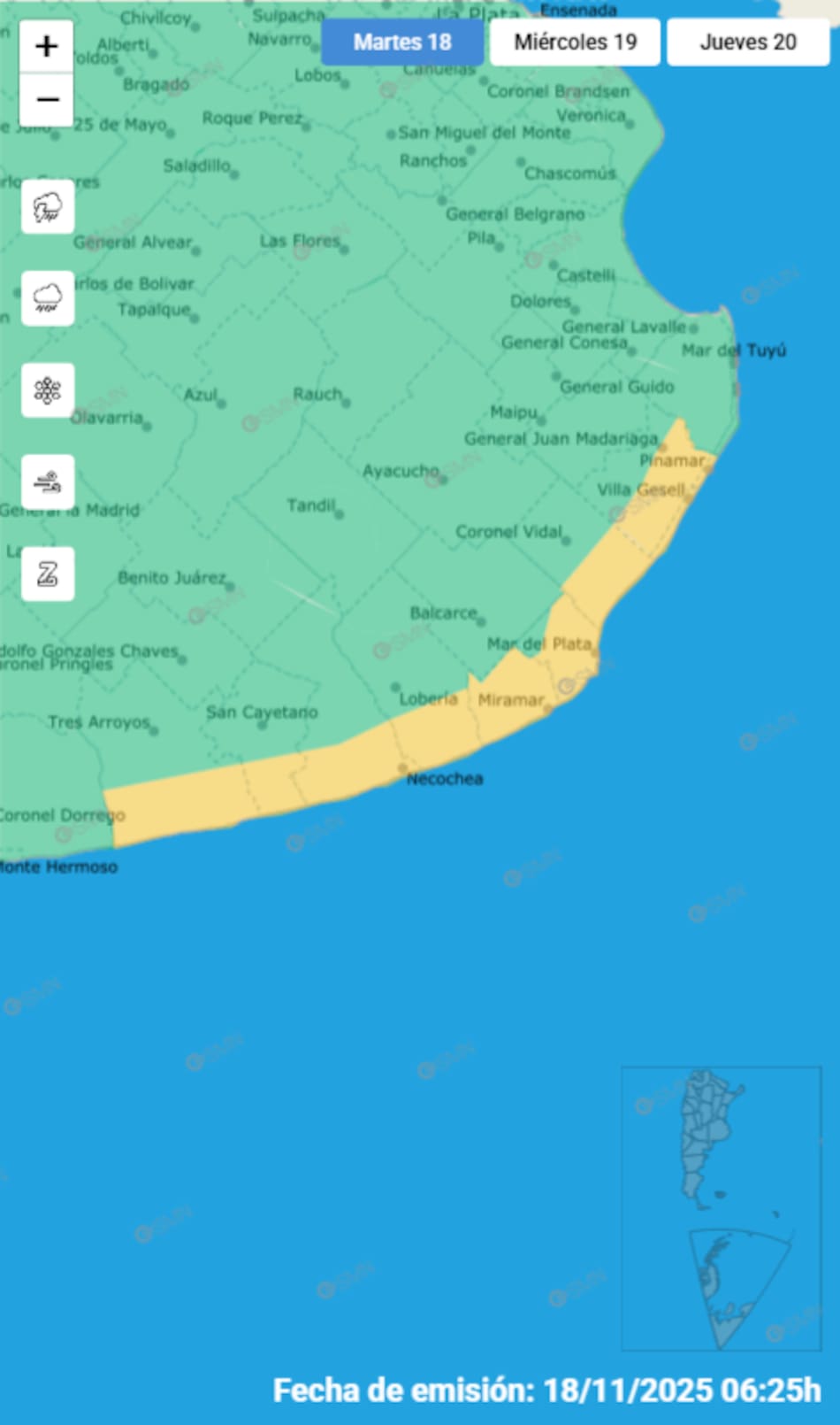 Alerta por vientos fuertes en localidades de Buenos Aires.