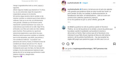 El posteo de Thelma Fardin. Foto: Twitter.