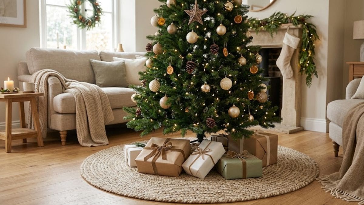 El árbol de Navidad con la alfombra queda muy elegante.