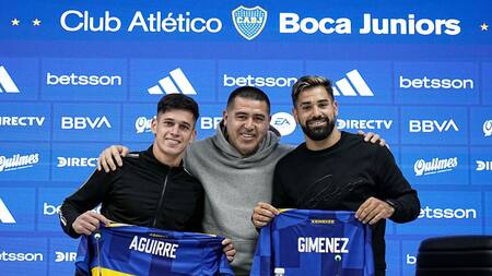 Brian Aguirre; Juan Román Riquelme y Milton Giménez. Foto: X @BocaJrsOficial.