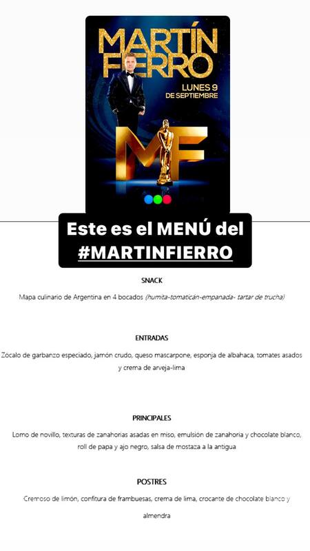 Los platos que van a degustar los invitados a los Martín Fierro 2024. Foto: Instagram.