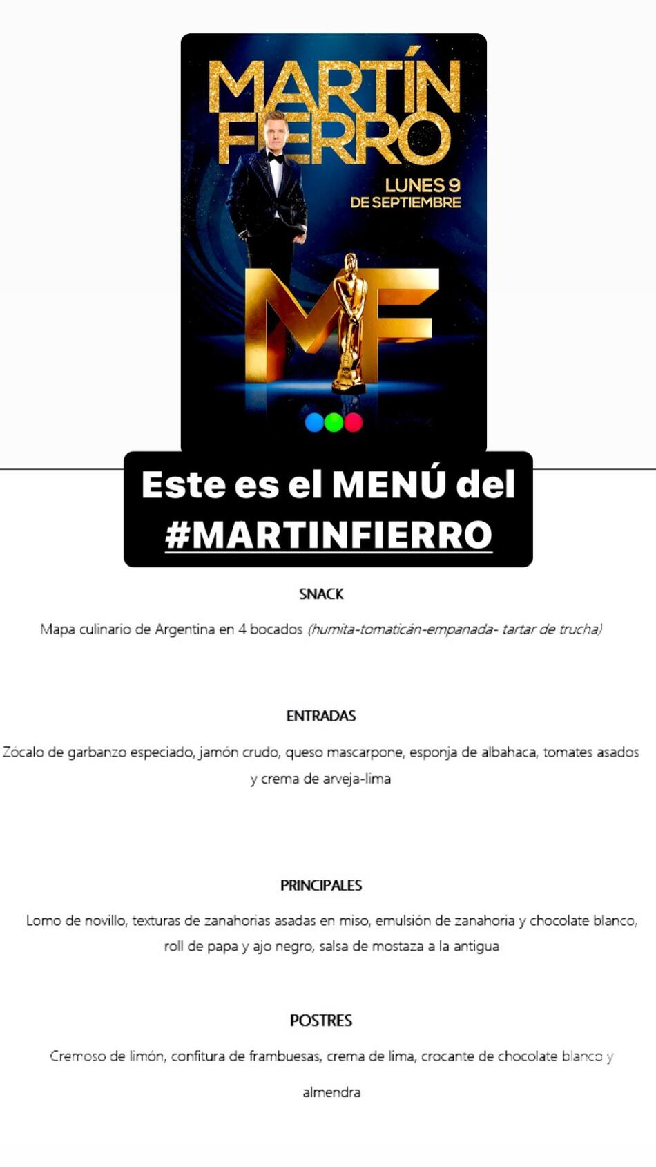 Los platos que van a degustar los invitados a los Martín Fierro 2024. Foto: Instagram.