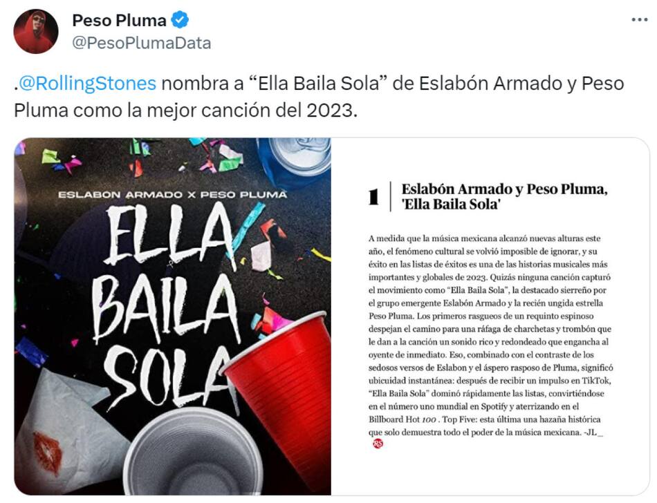 Peso Pluma tiene la mejor canción de acuerdo con Rolling Stone. Foto: X.