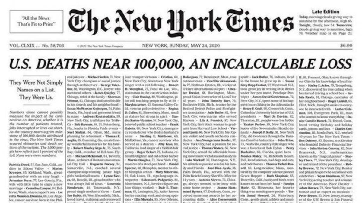 Histórica tapa de The New York Times: la dramática lista de muertos por coronavirus en EE.UU.