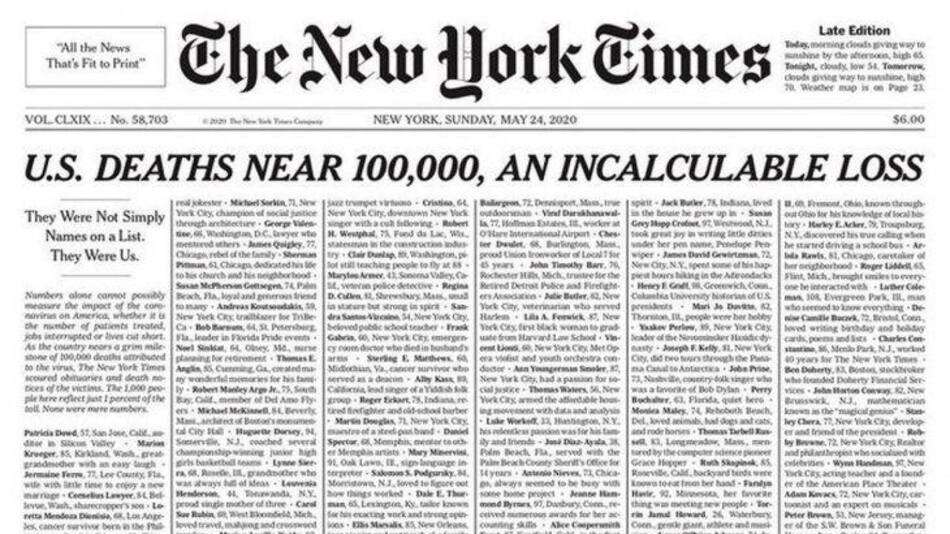 Tapa de New York Times con muertos de coronavirus en EE.UU.