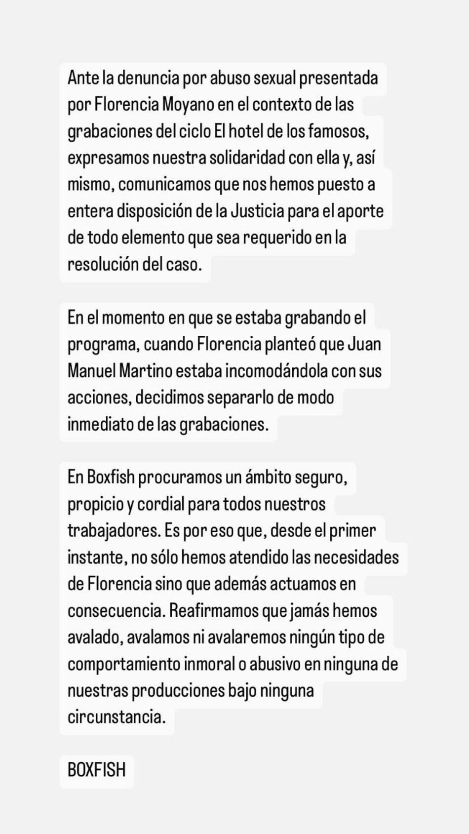 El comunicado oficial de la productora Boxfish, tras la denuncia de Flor Moyano a Juan Martino. Foto: Instagram @boxfishtv.