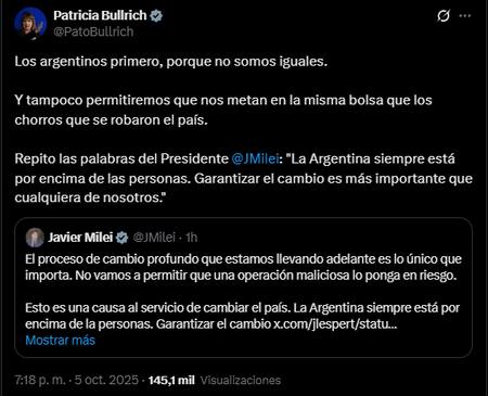 El mensaje de Patricia Bullrich tras la renuncia de Espert.